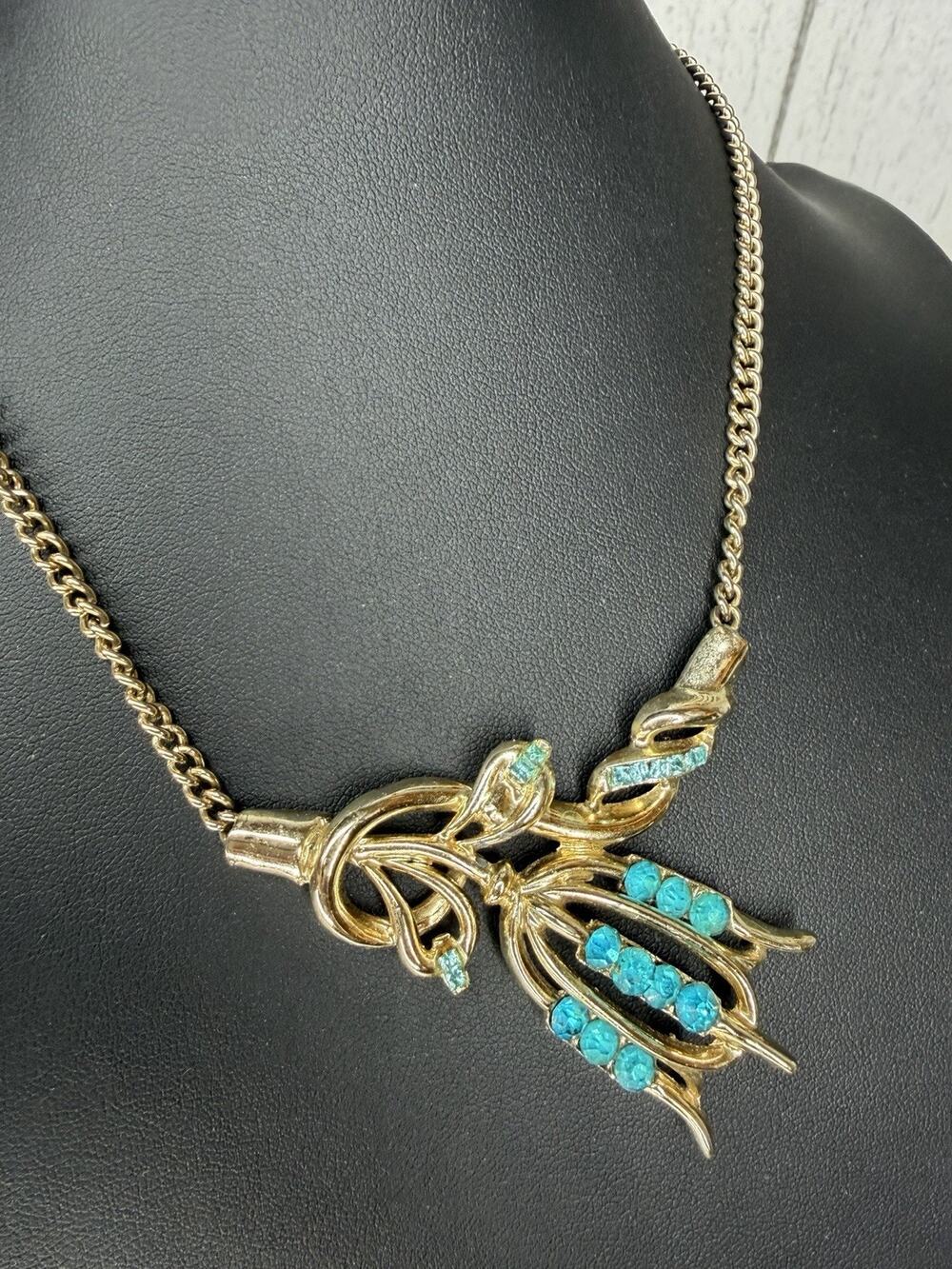 Vintage Turquoise Blue Tulip Flower Rhinestone Necklace Gold Tone Unique